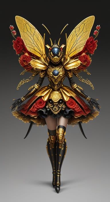 Golden Mechanical Bee on Red Flower in Hyper-Realistic Digit...