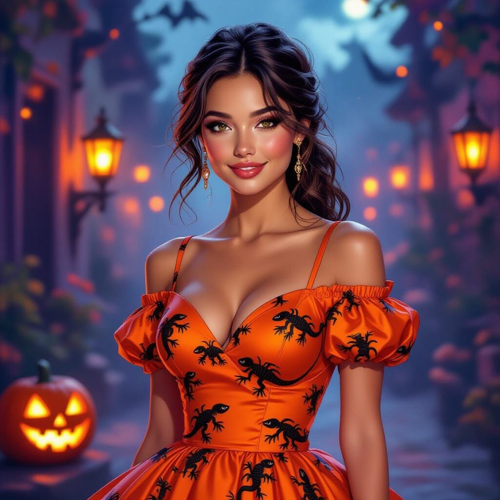 Woman in Lizard-Print Halloween Dress at Festive Party