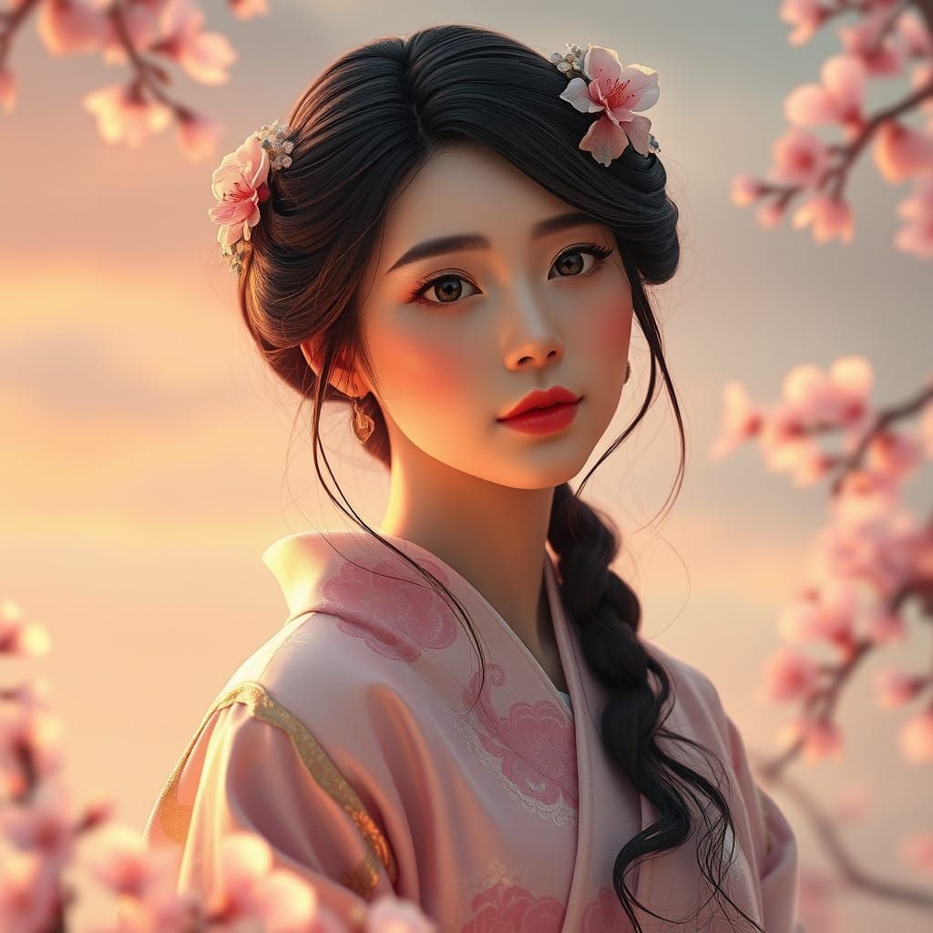 Ethereal Maiden in Enchanting Cherry Blossom Paradise