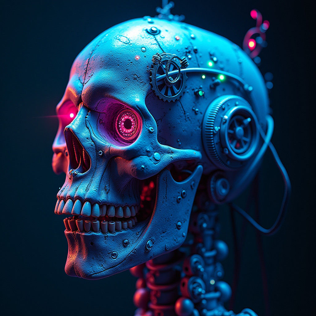 Steampunk Skull with Biomechanical Details in Neon