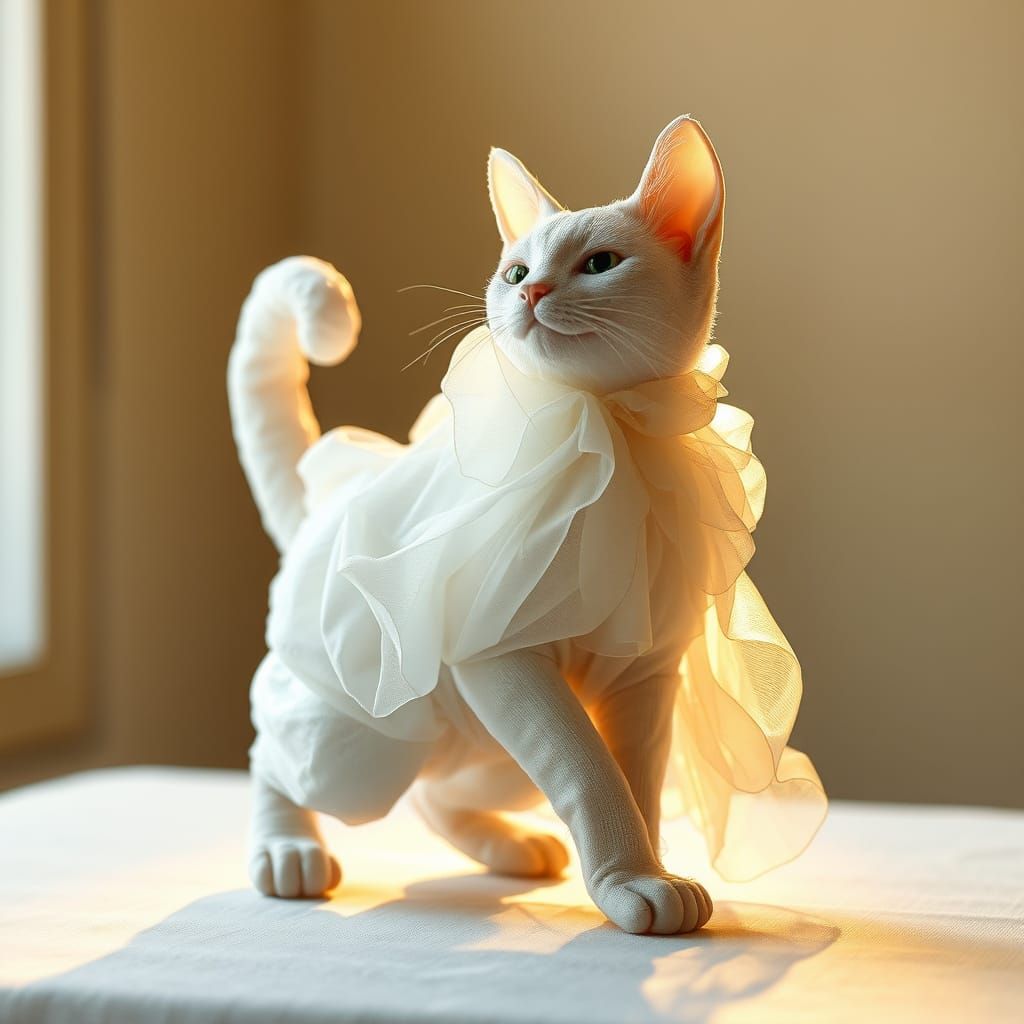 Ethereal Chiffon Cat Sculpture in Whimsical Stance