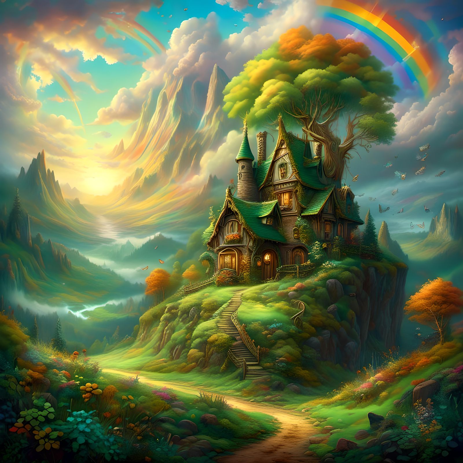 <lora:Dalle 3 lora 1:1.0> Leprechaun, pot of gold at the end of the rainbow, detailed fantasy landscape