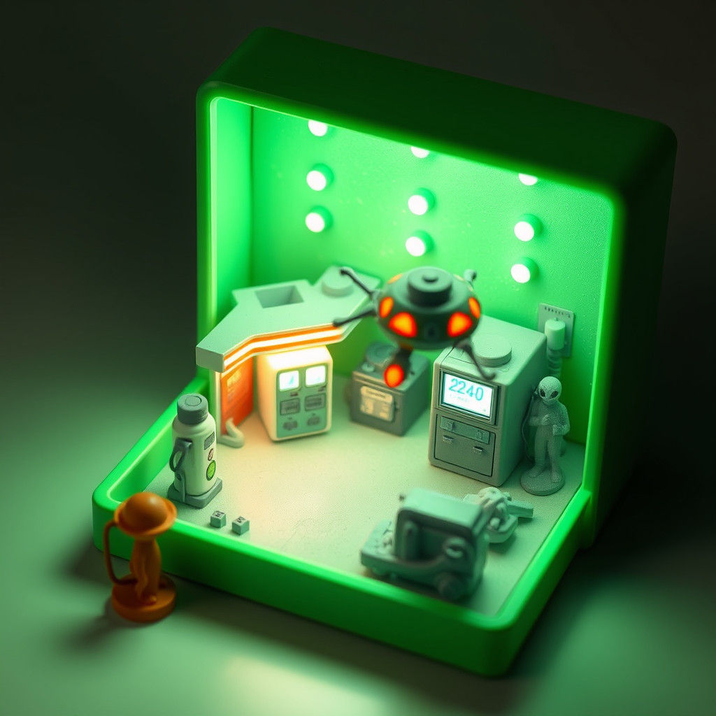 Miniature Alien Claymation Gas Station in Green Box