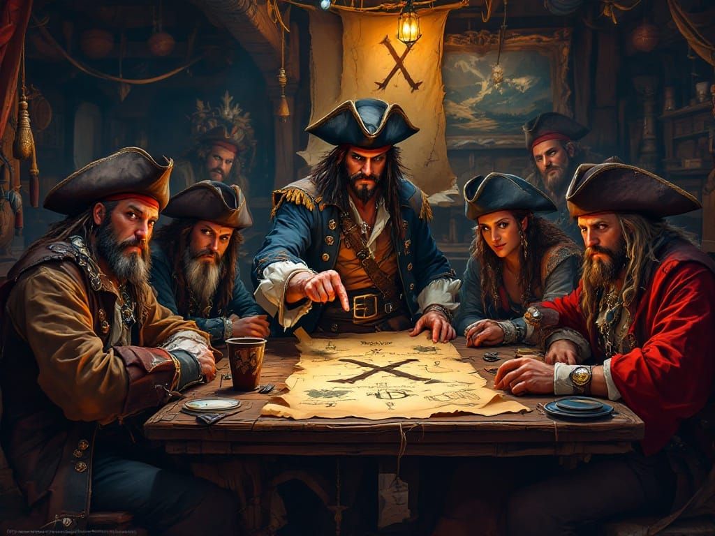 Pirate Crew Planning Treasure Hunt, Hyperrealistic Style
