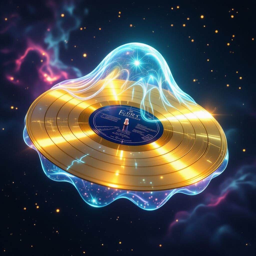 Bioluminescent Slime Holding Golden Vinyl in Cosmic Nebula