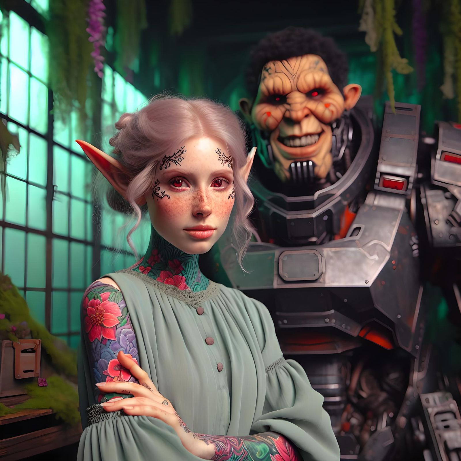 Evil Elf and Robot in Lush Green Cabin