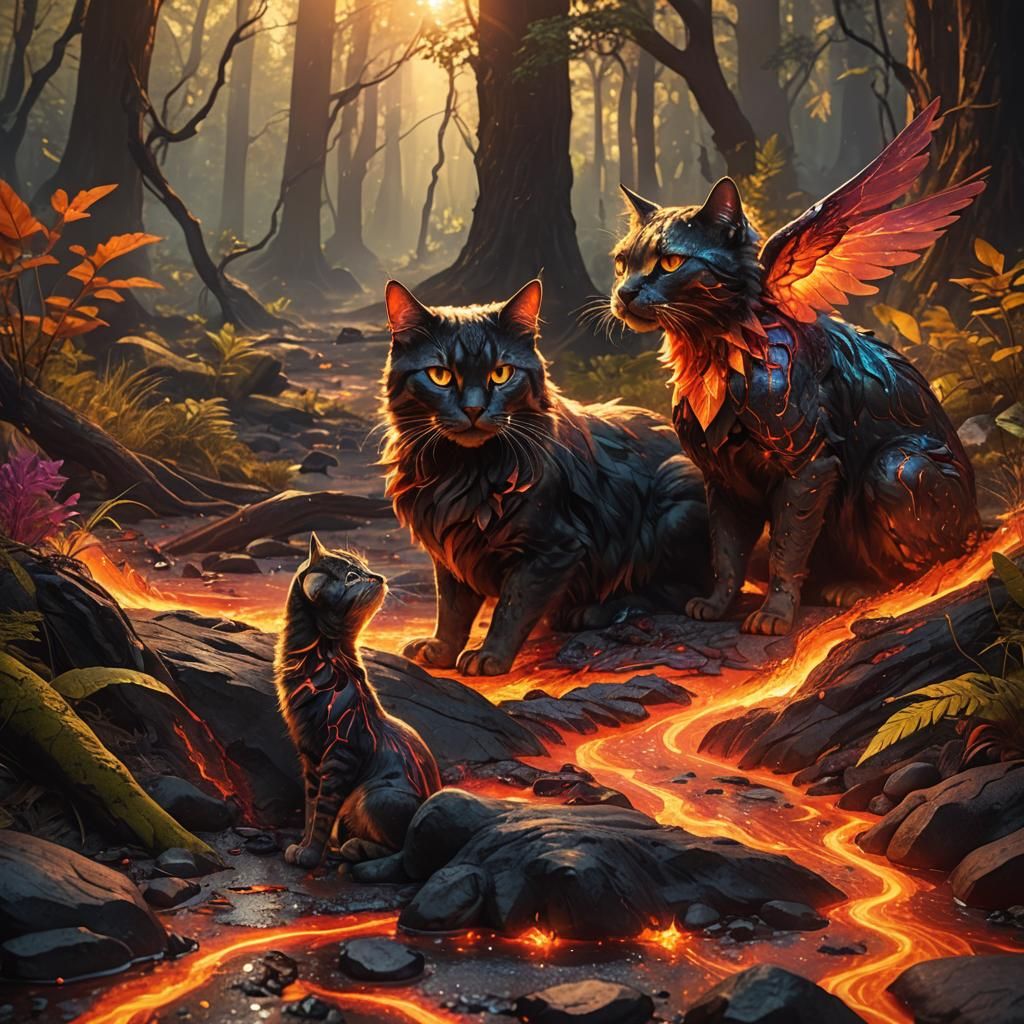 Cat and Lava Dog Conversing in Fantasy Art
