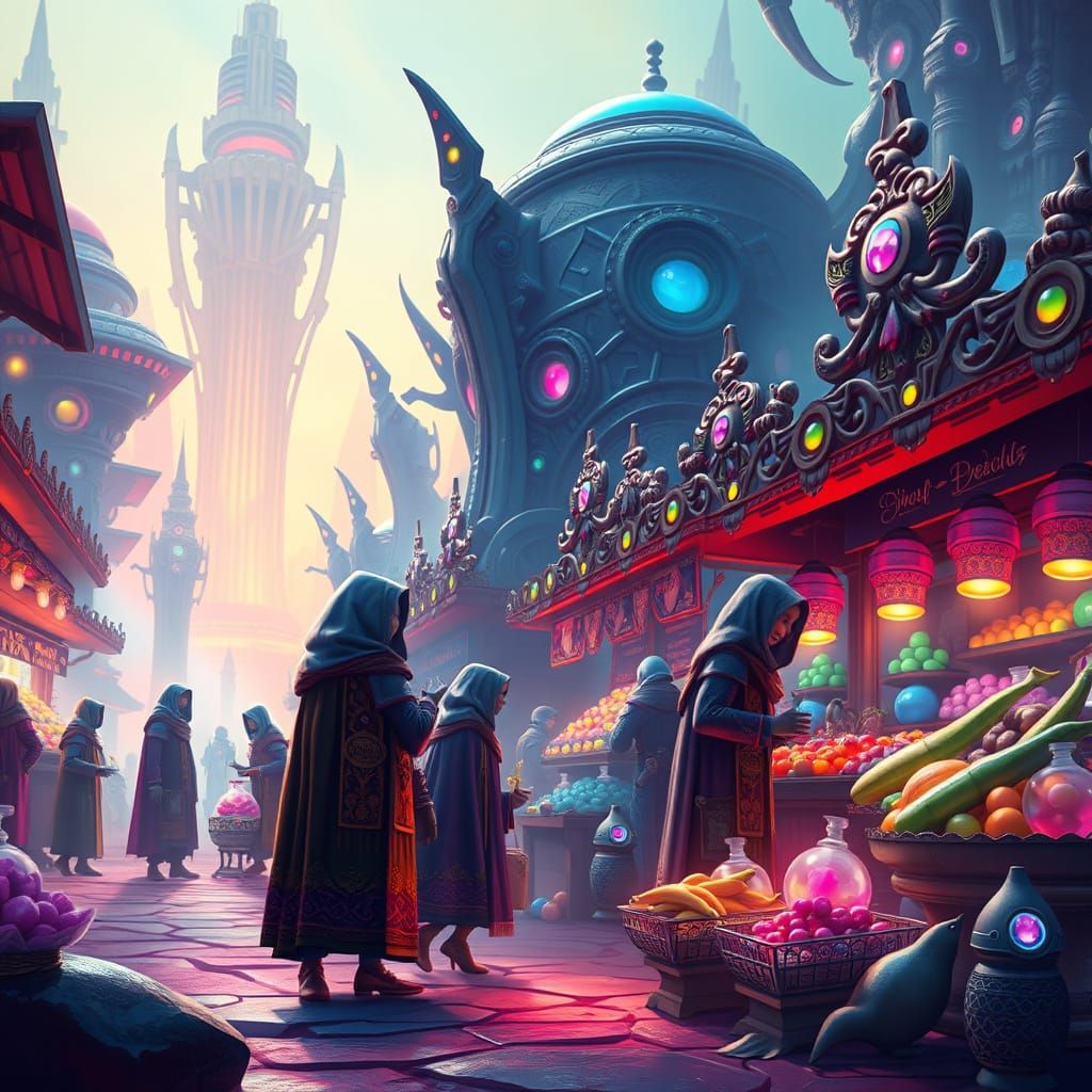 Vibrant Alien Marketplace in Pixar-Inspired Digital Art