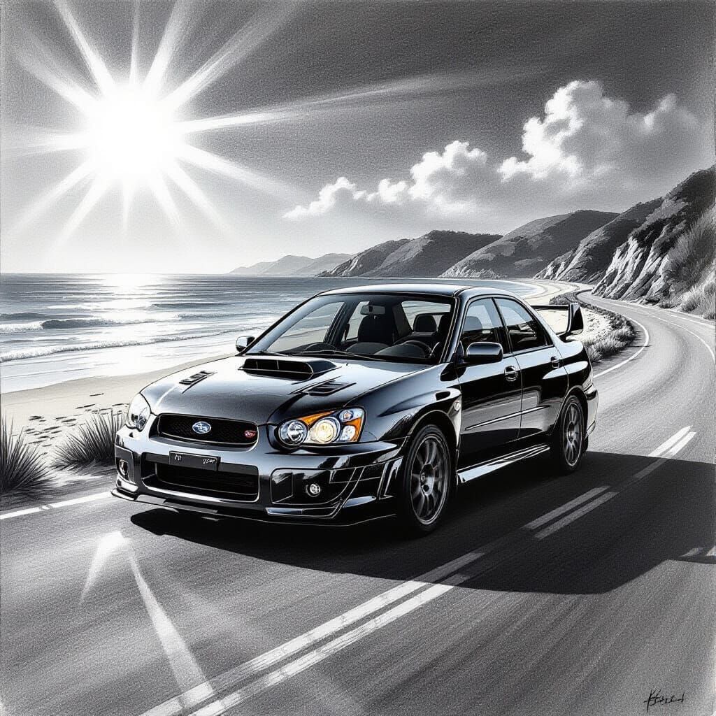 Charcoal Drawing of a 2002 Subaru WRX on a Beach Road