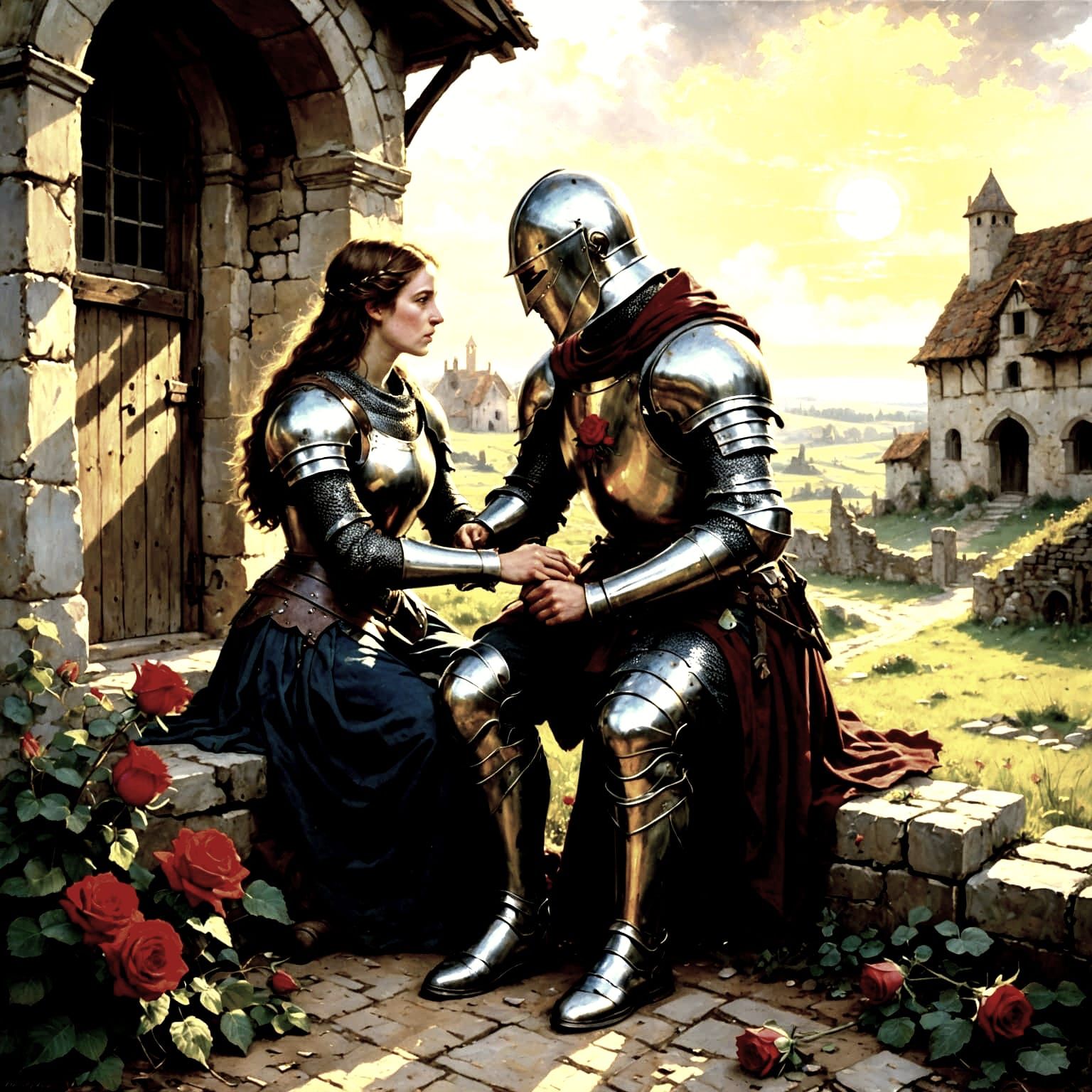 Knight Offers Rose to Peasant on Ruined Cottage
