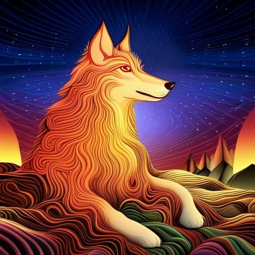 Wolf Silhouette Sunset on Island with Fractal Patterns