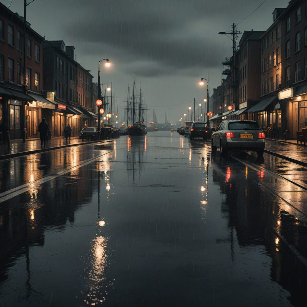 Gloomy Seaport at Evening in Moody Film Grain Style