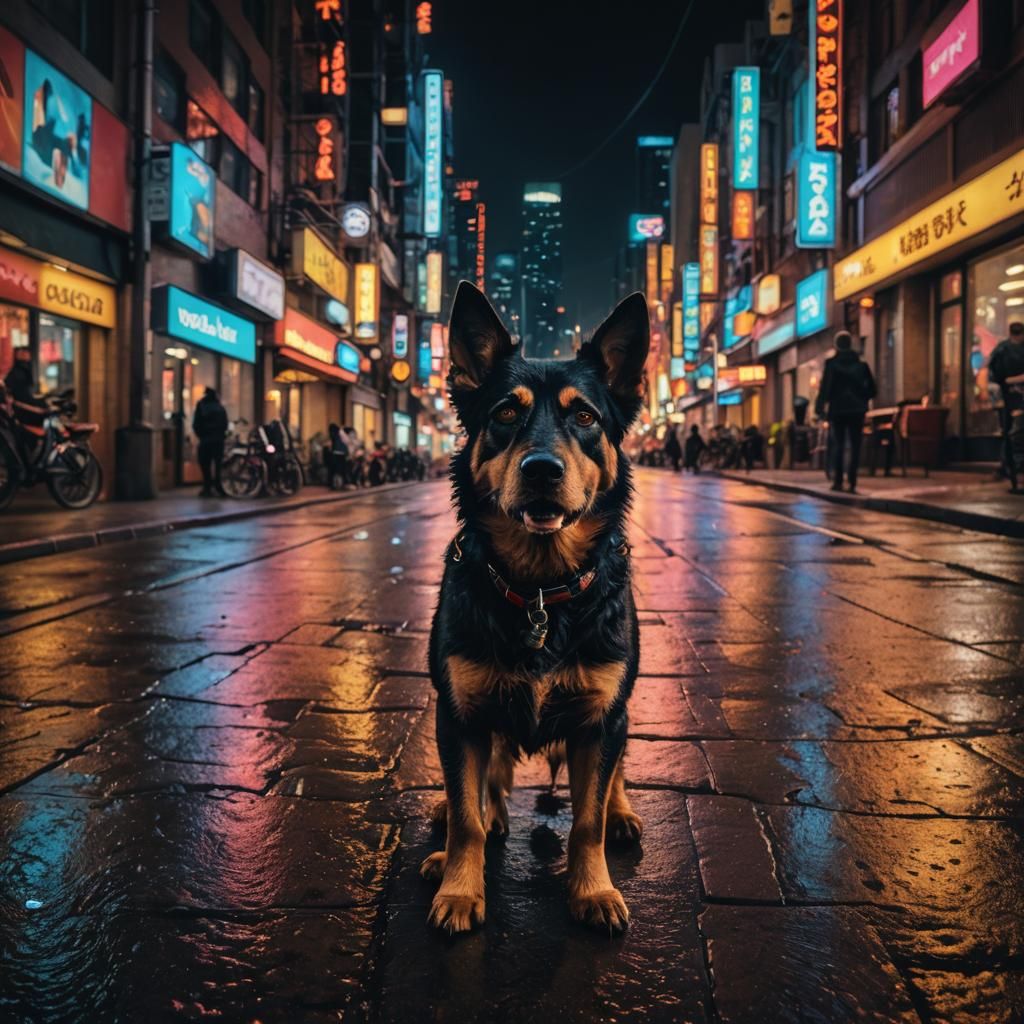 Hyperrealistic Dog Stands Alone in City Lights