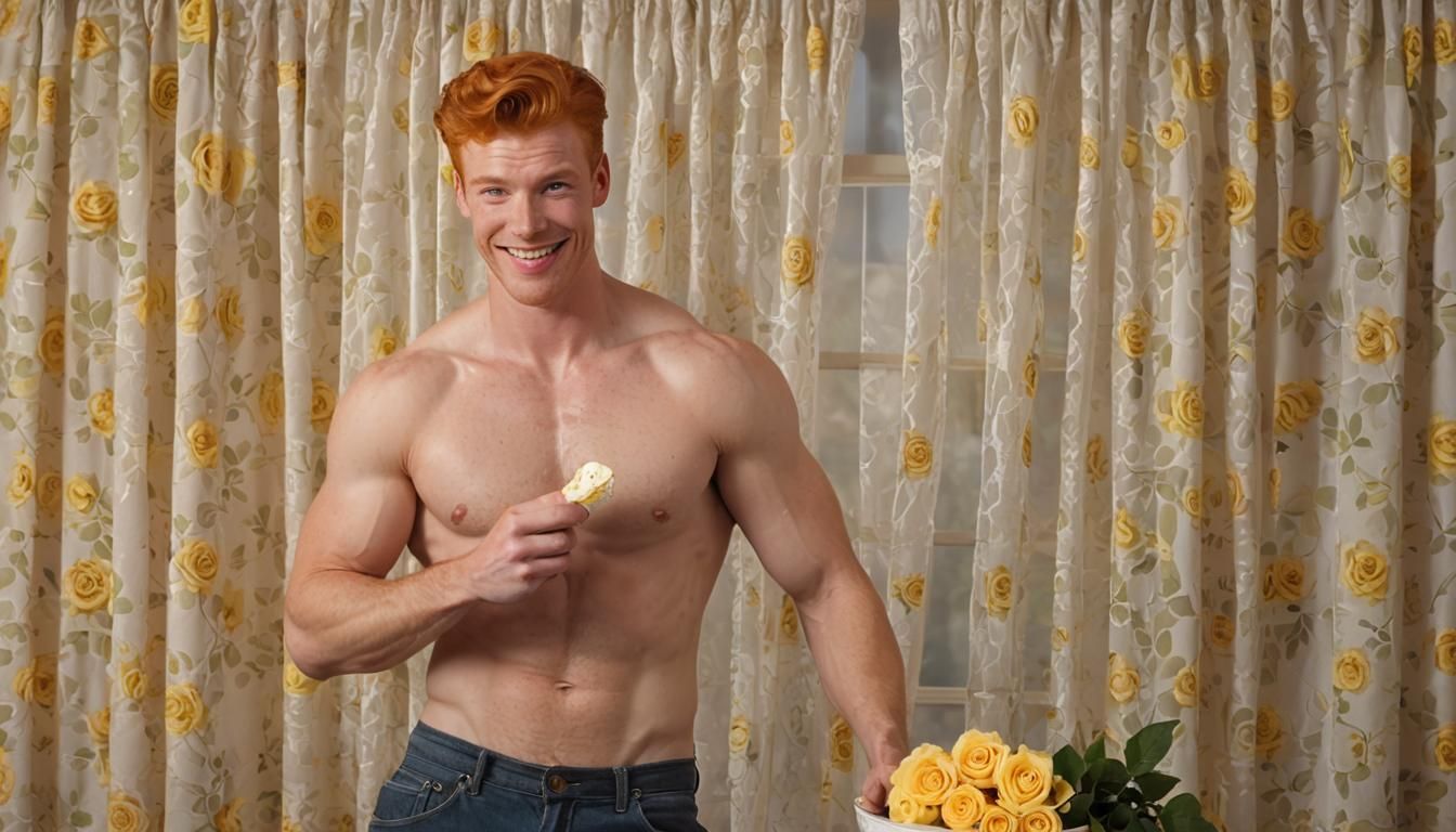 Redhead Hunk with Groceries and Roses in Pin-Up Style