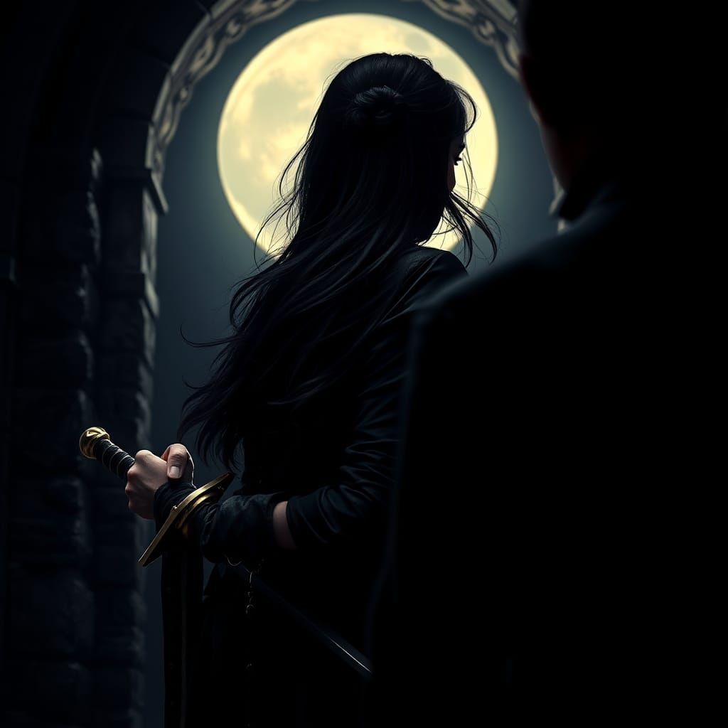 Fantasy Spy Woman in Moonlight, Dark Fantasy Art