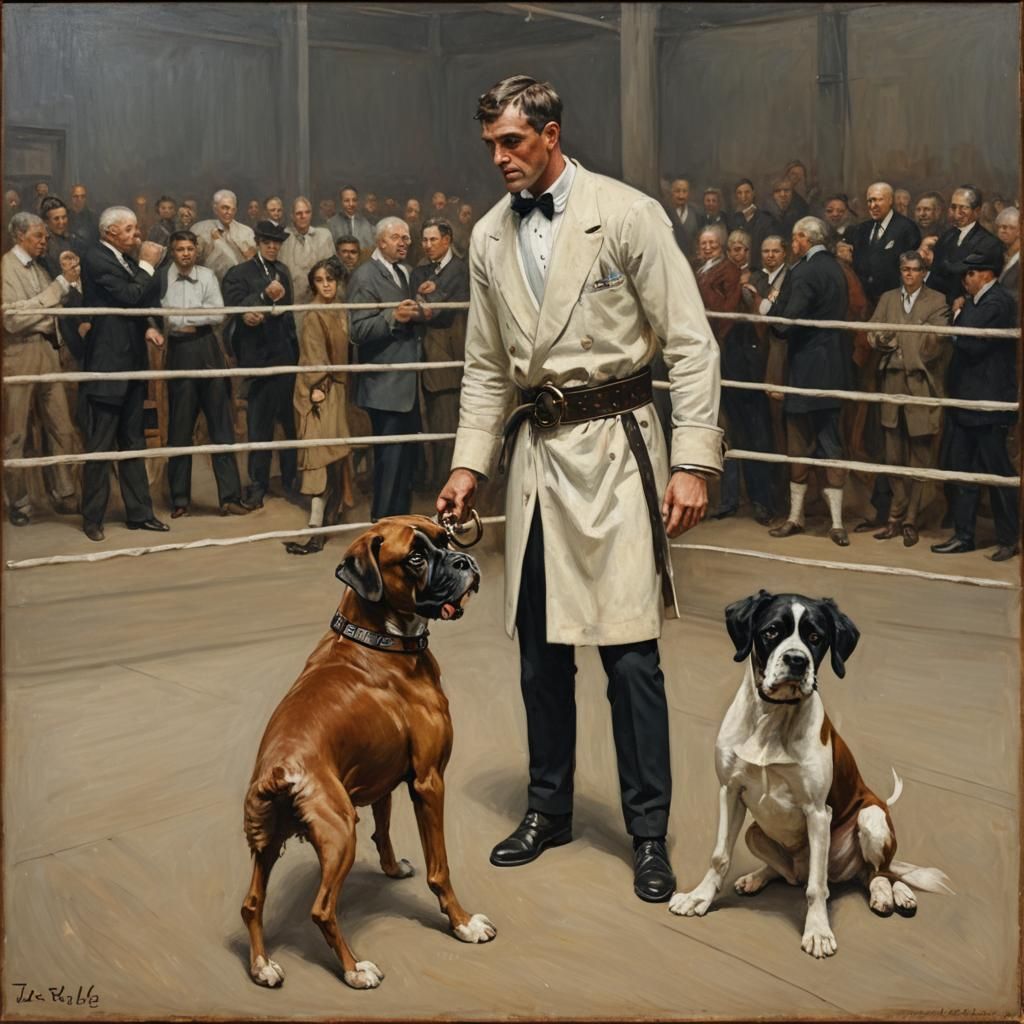 Boxer and Spaniel in Ring, Gurney Style Oil