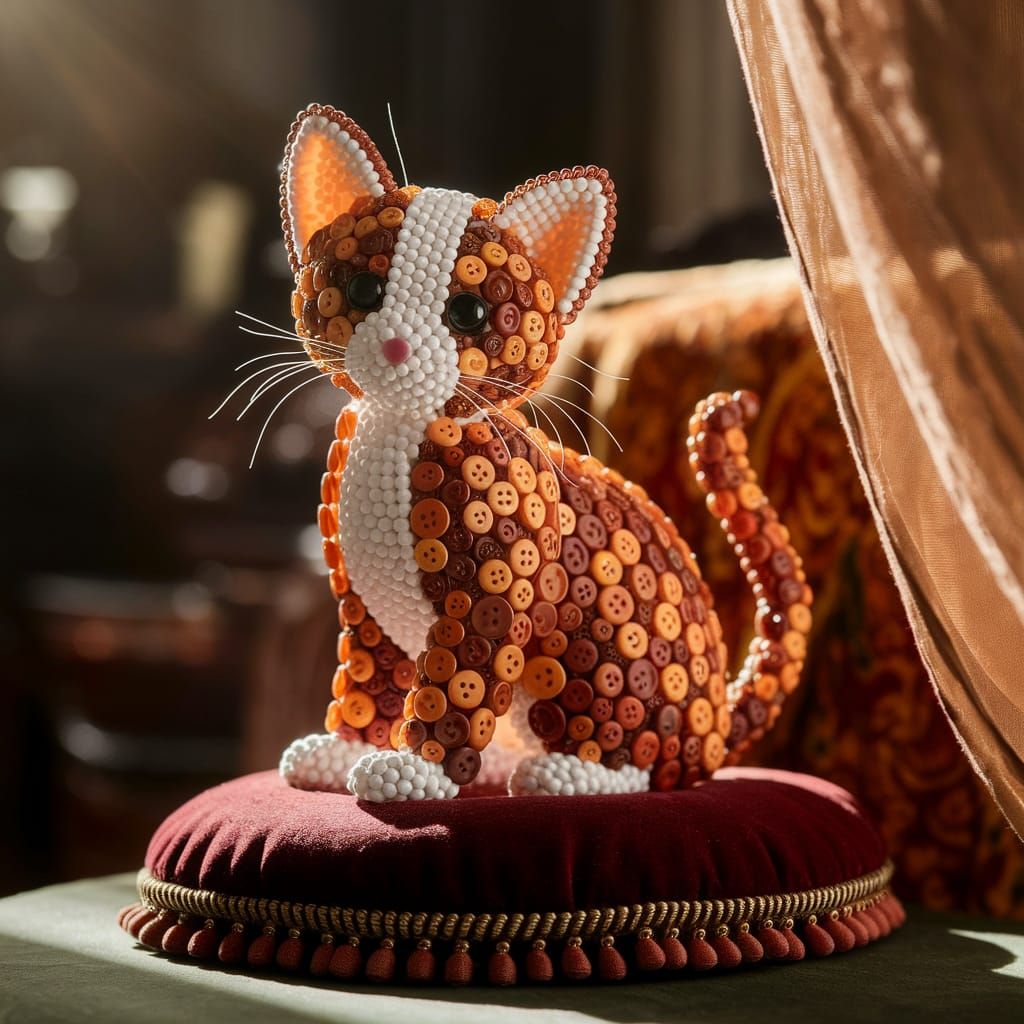 Button Kitten on Velvet Cushion in Golden Light