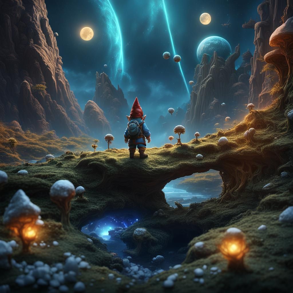 Gnome Transcending Time and Space in Detailed Painting