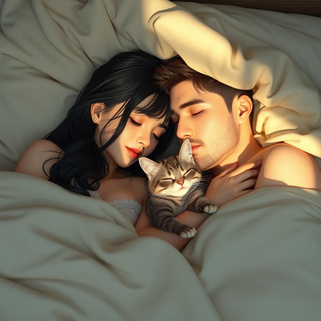 Couple Snuggling with Cat in Bed: 3D Rendered Scene