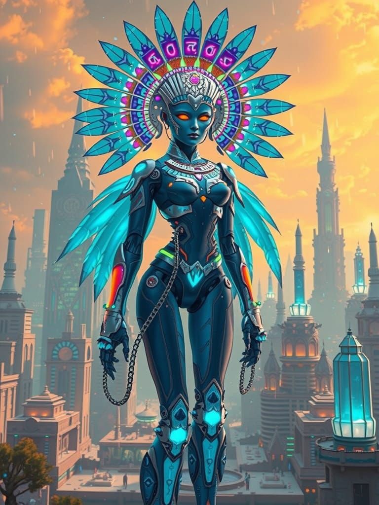 Cyberpunk Goddess Awakens in Futuristic Metropolis