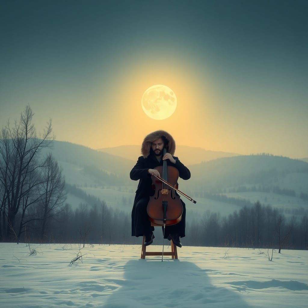Ethereal Cellist Shines Under Full Moon in Snowy Balkan Land...