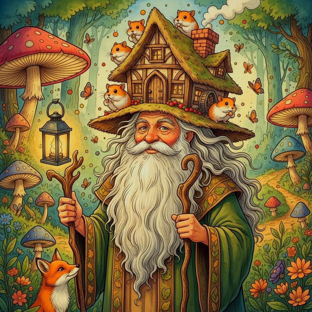 Old Man With Hamster Cottage Hat Portrait