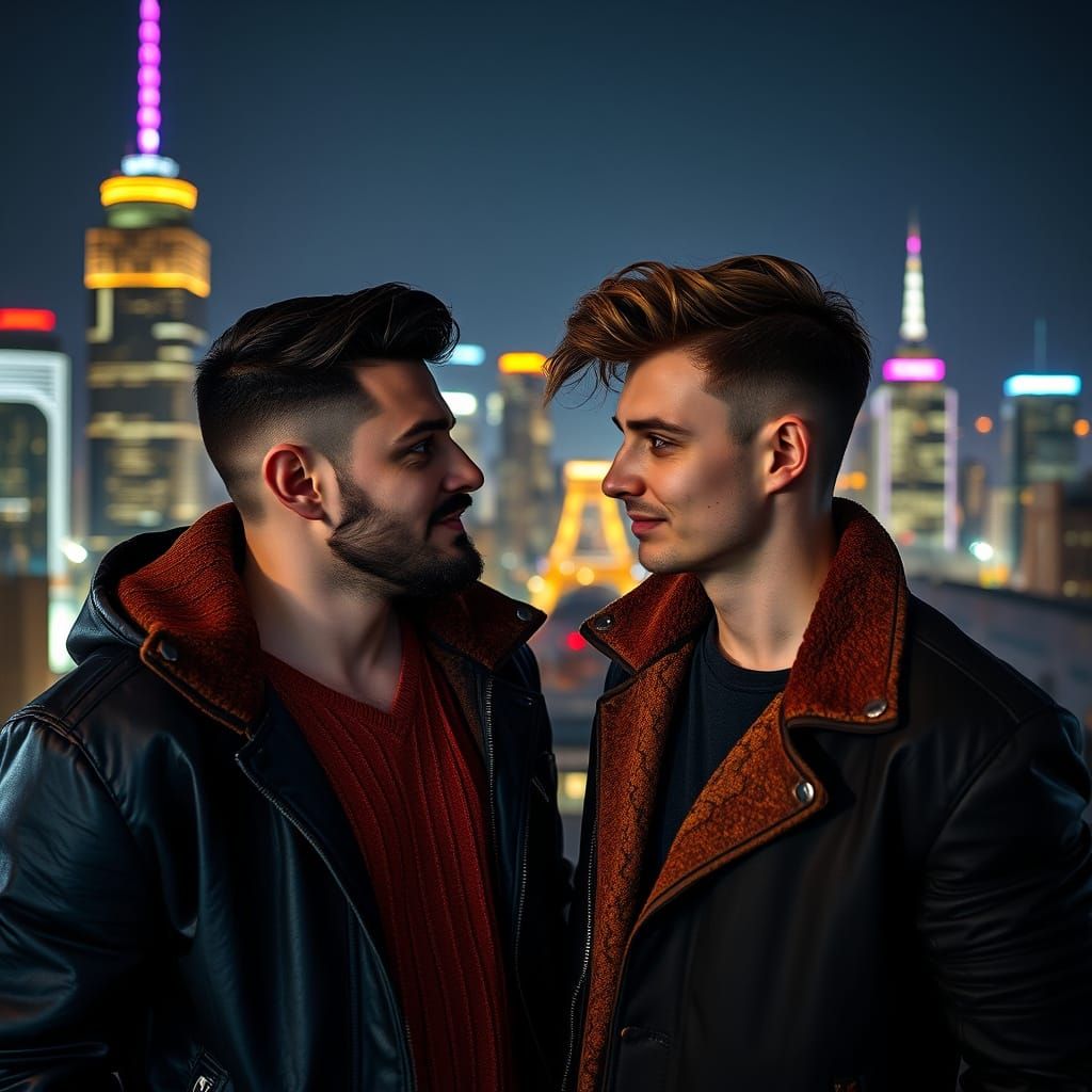 Gay Couple in Cinematic Cityscape