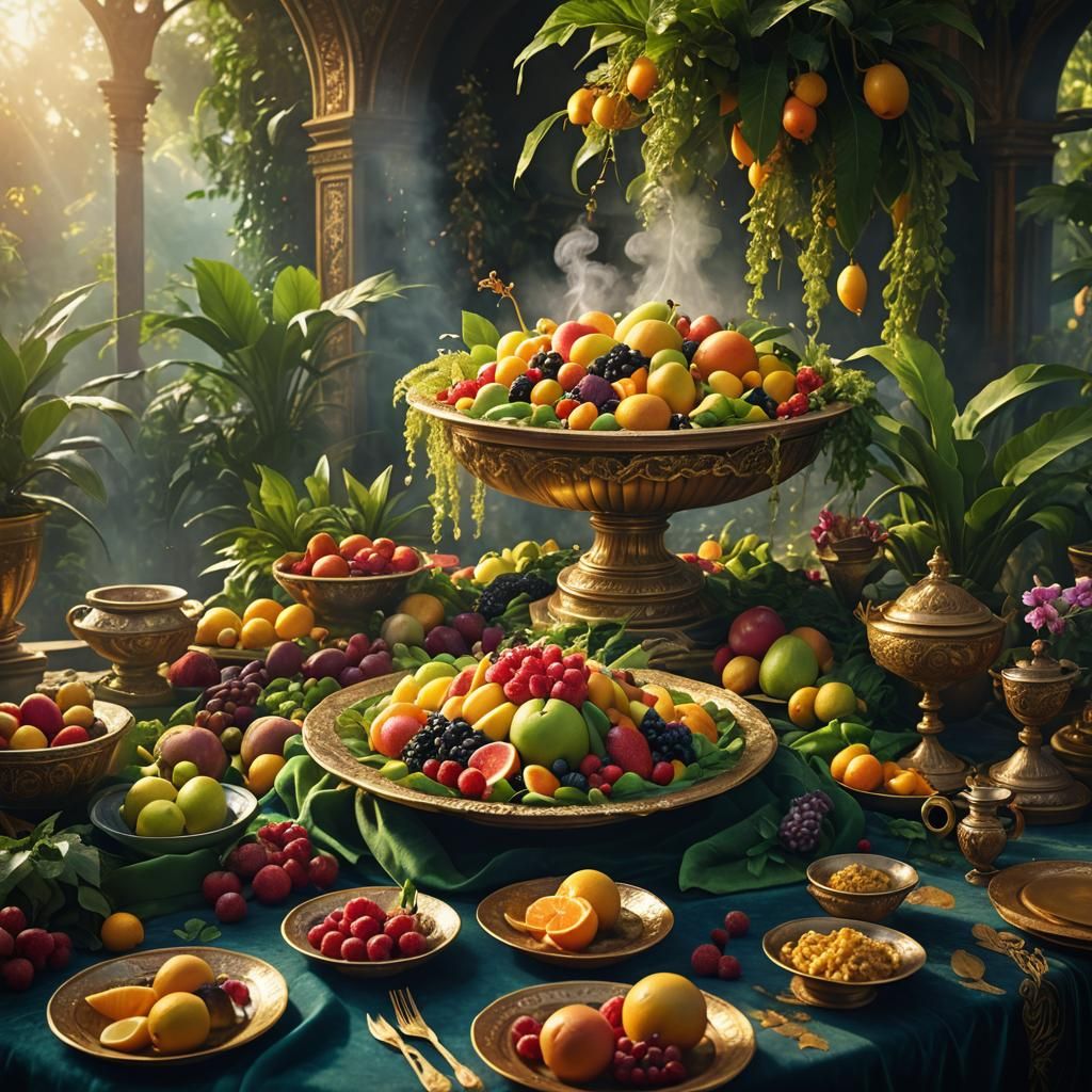 Ornate Golden Dish of Exotic Cuisine in Fantasy Art