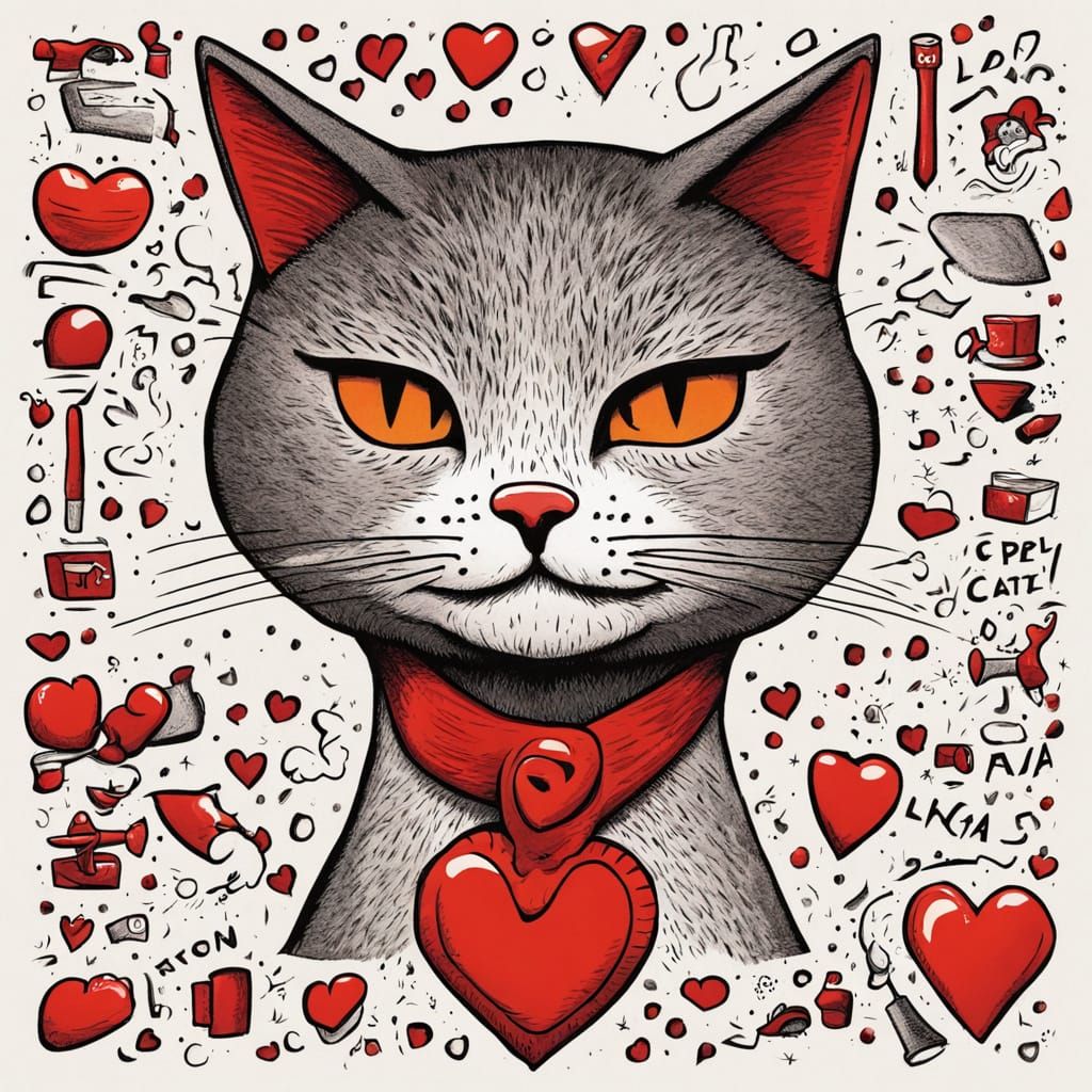 Bright Red Cartoon Cat Face with Distorted Heart-Shaped Text