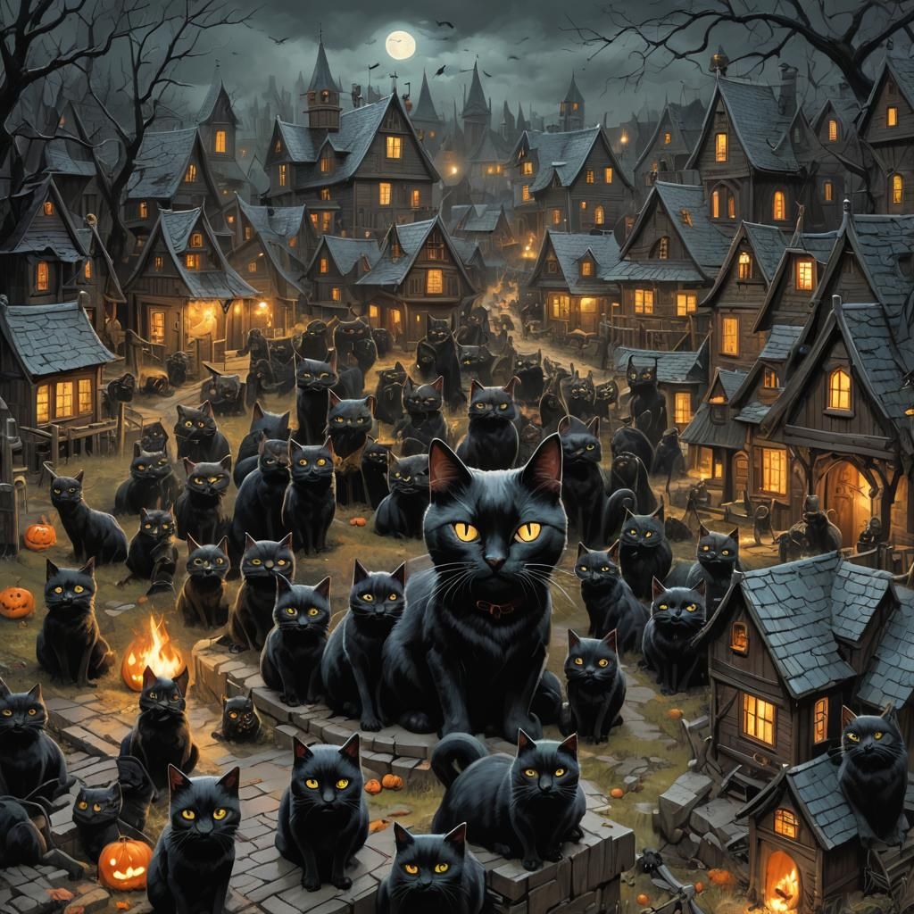 Sinister Black Cat in Gothic Halloween Village