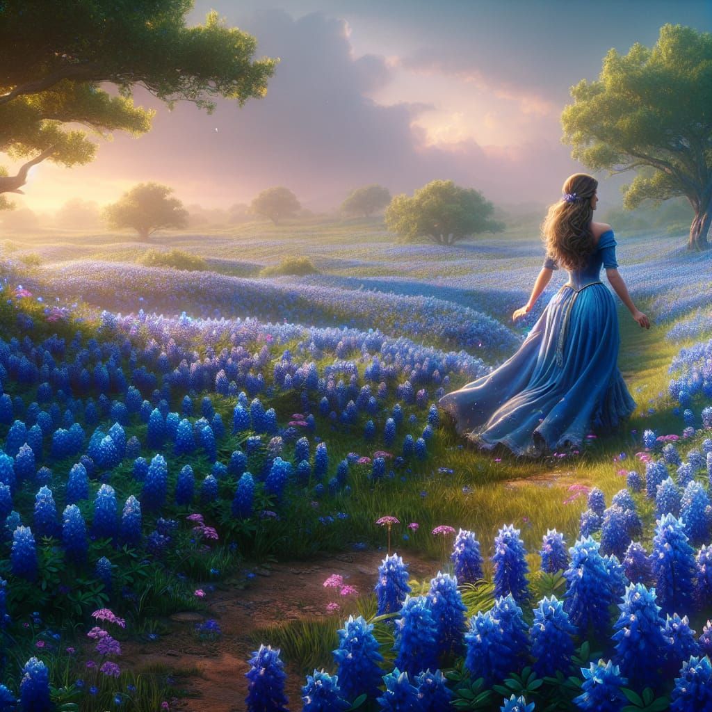 Beautiful Woman Strolling Through a Bluebonnet Meadow