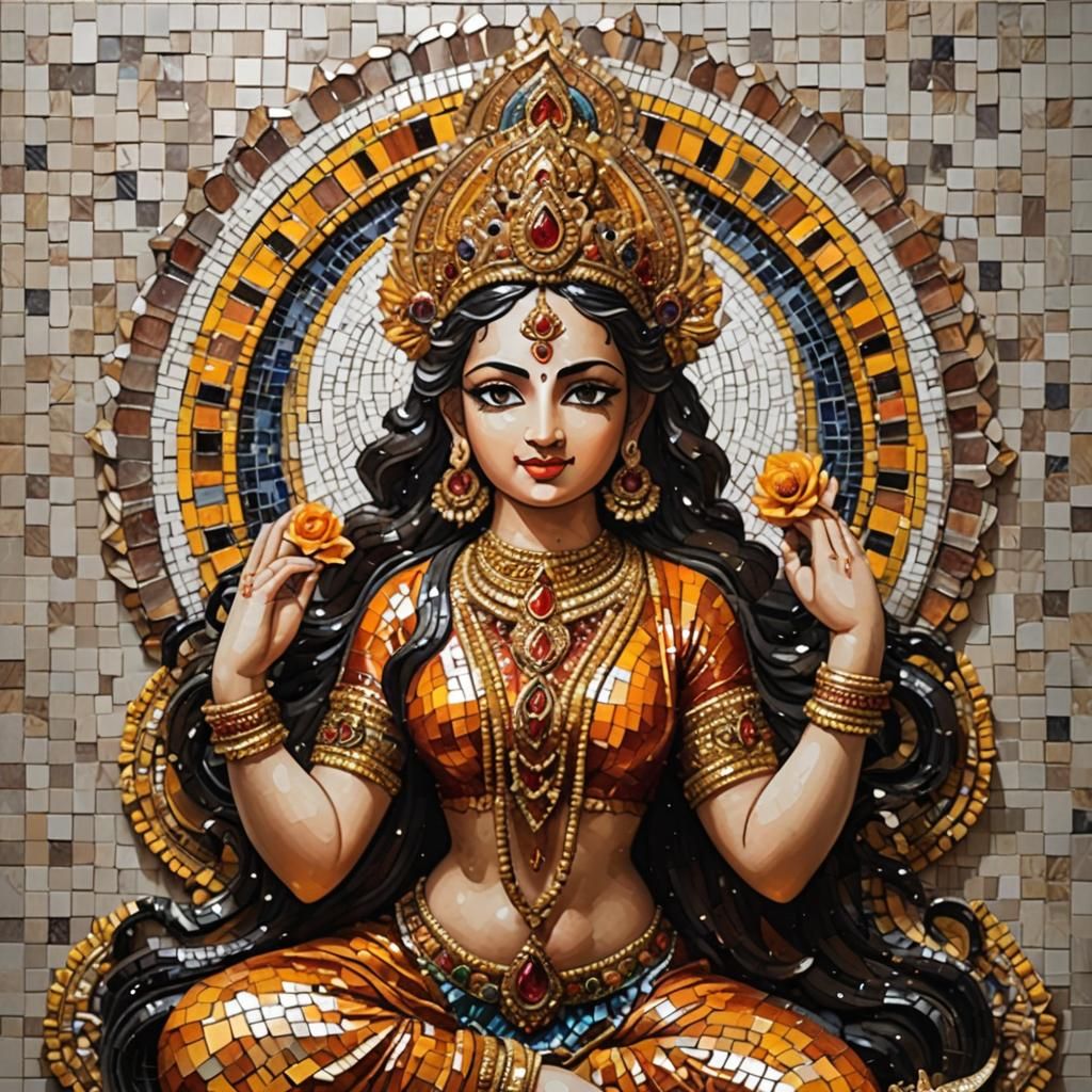 Goddess Lakshmi Mosaic Art in Amber and Agate