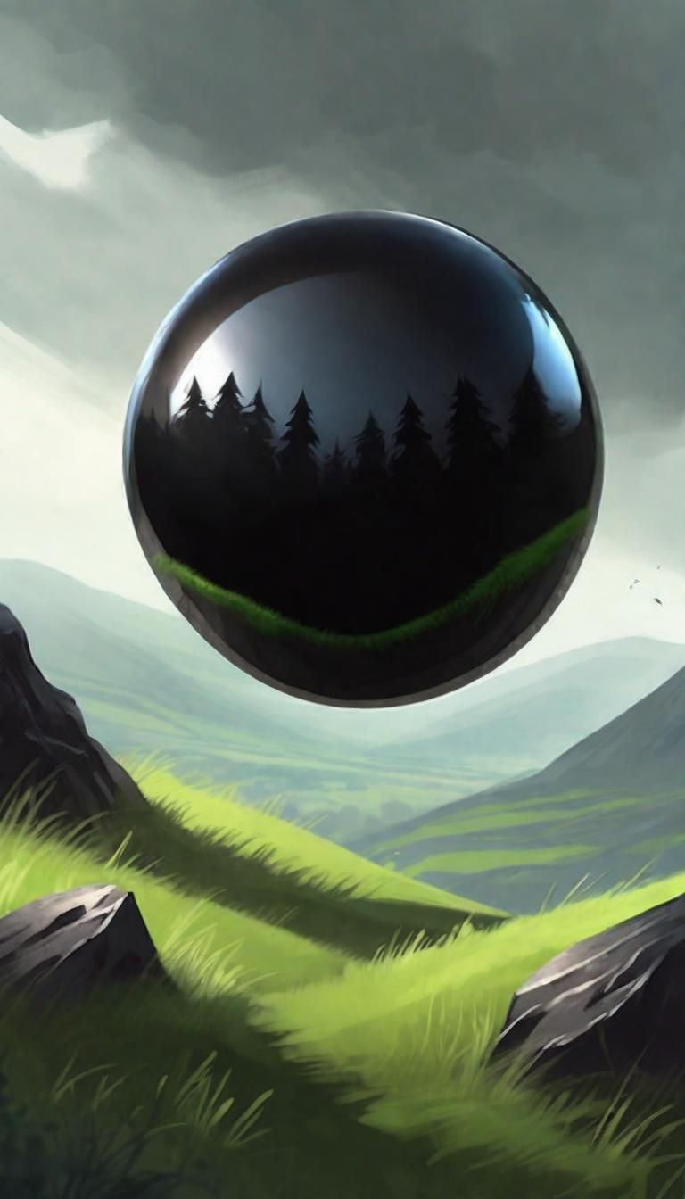 Sinister Obsidian Orb Levitating Over Grassy Hill