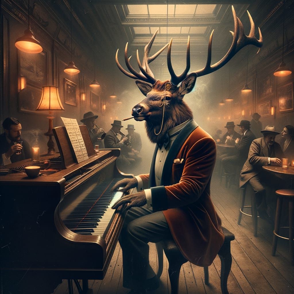 Majestic Elk Plays Piano in Dimly Lit Jazz Club
