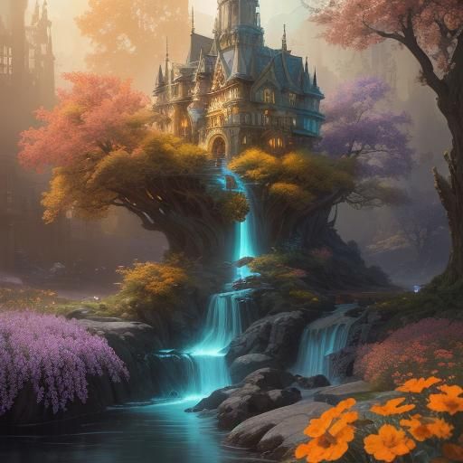 Whimsical Fairy Town Concept Art in Art Nouveau Style