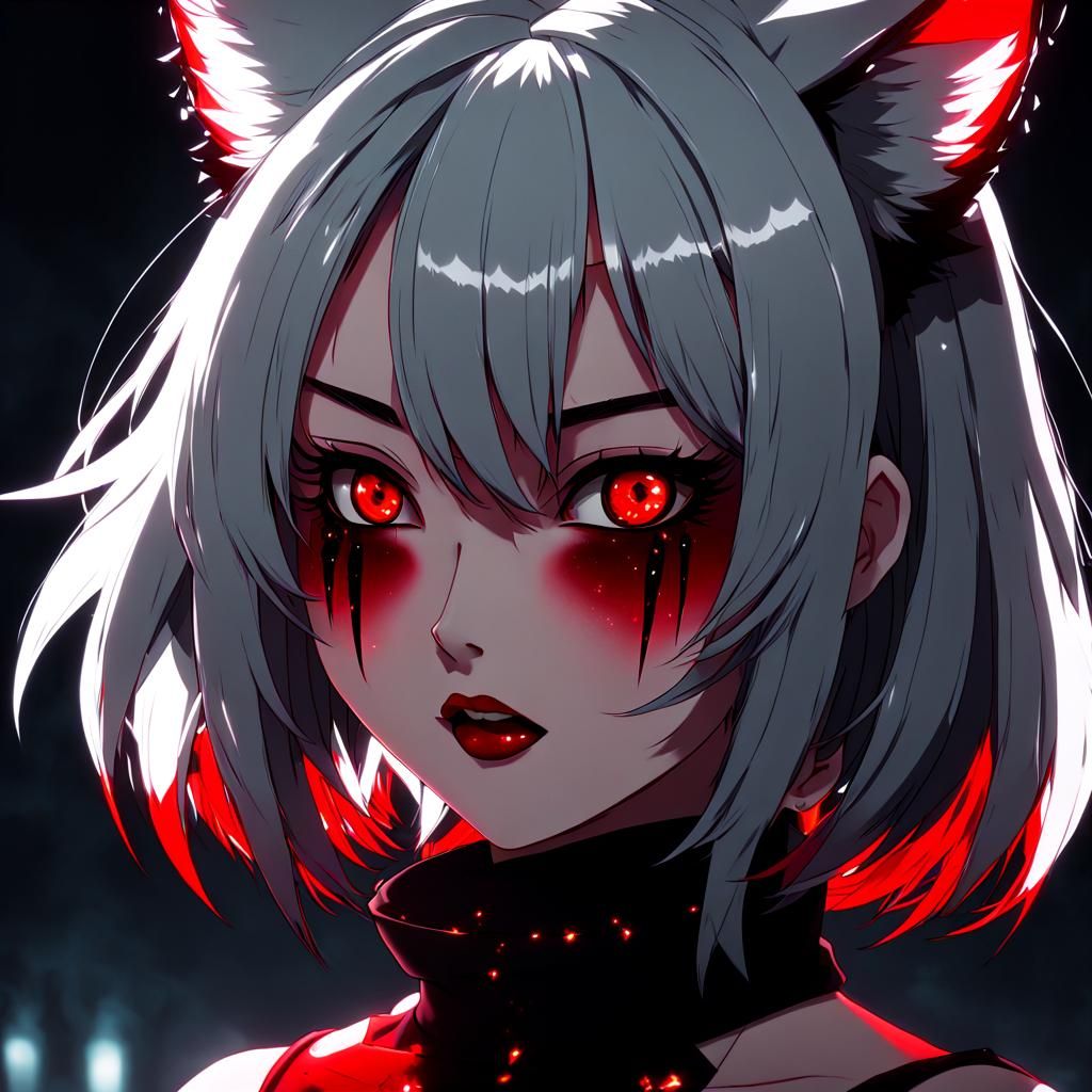 Anime Horror: Kawaii Neko Girl with Glowing Eyes