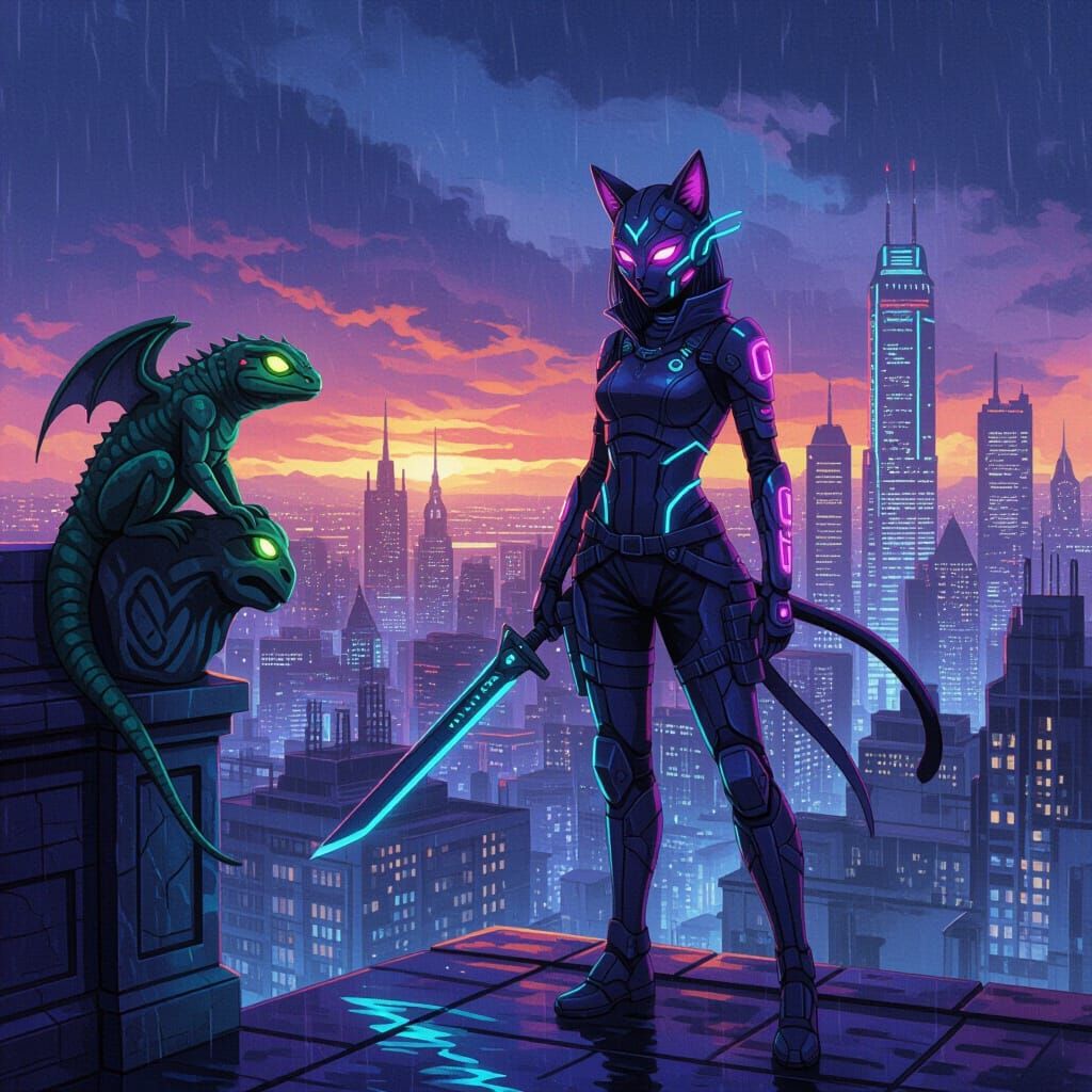 A catgirl warrior seek meeting with a local talismonger