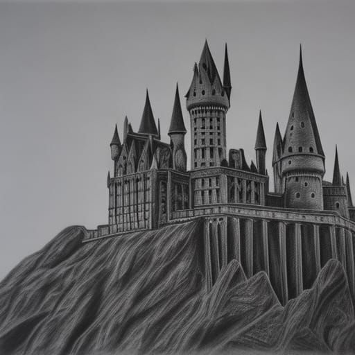 Hyperdetailed Charcoal Drawing of Hogwarts Castle