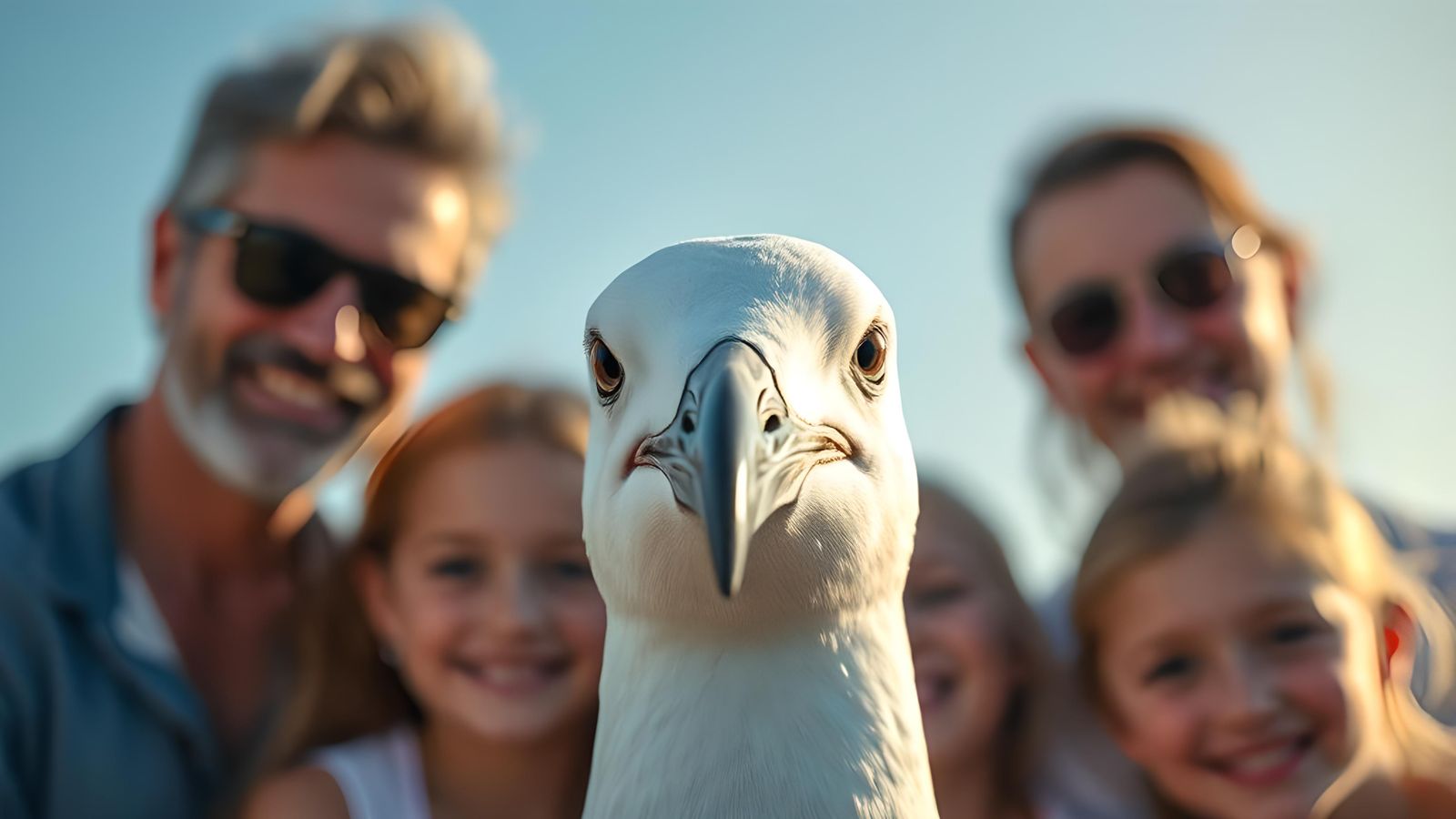 Seagull Close-Up: High-Resolution Family Photo Interruption