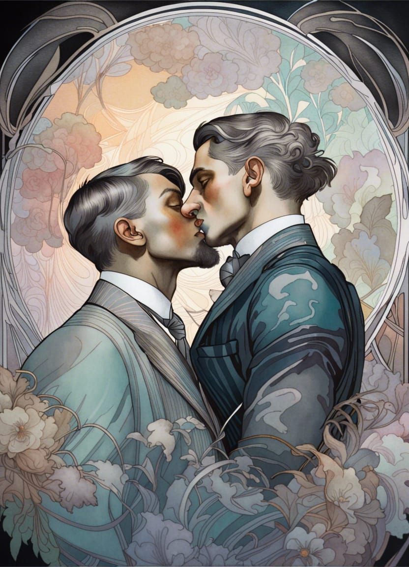 Kissing Men Portrait in Alphonse Mucha Style