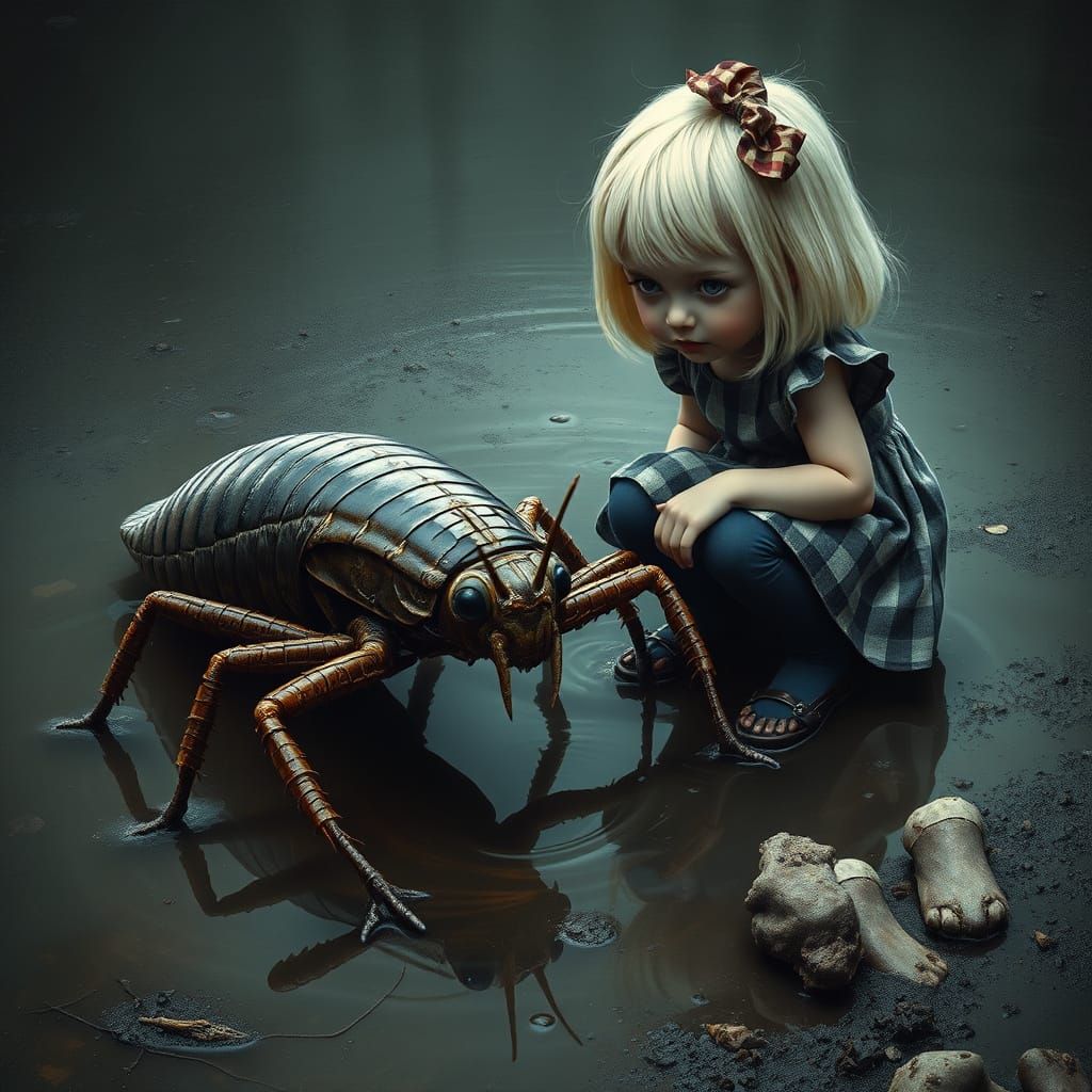 Girl Contemplates Struggling Mole Cricket in Murky Puddle