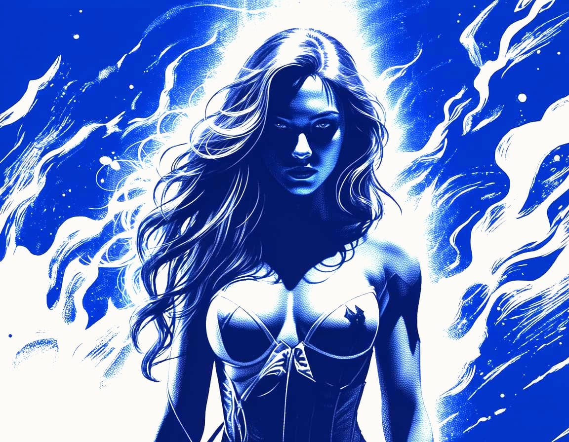 Comic Style Woman Silhouette in Blue and White