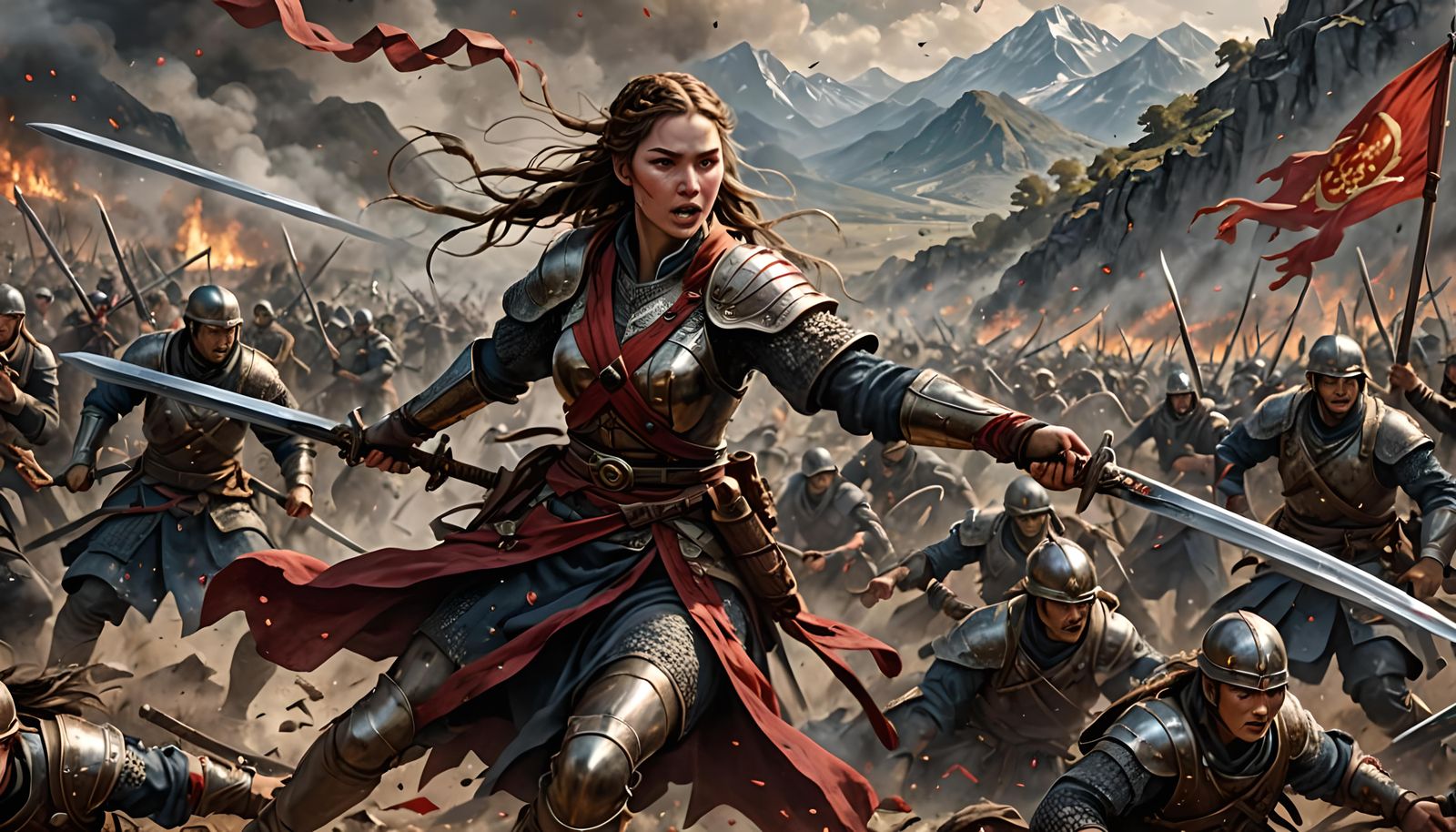 Victorious Female Commander on Battlefield: Dark Fantasy Art