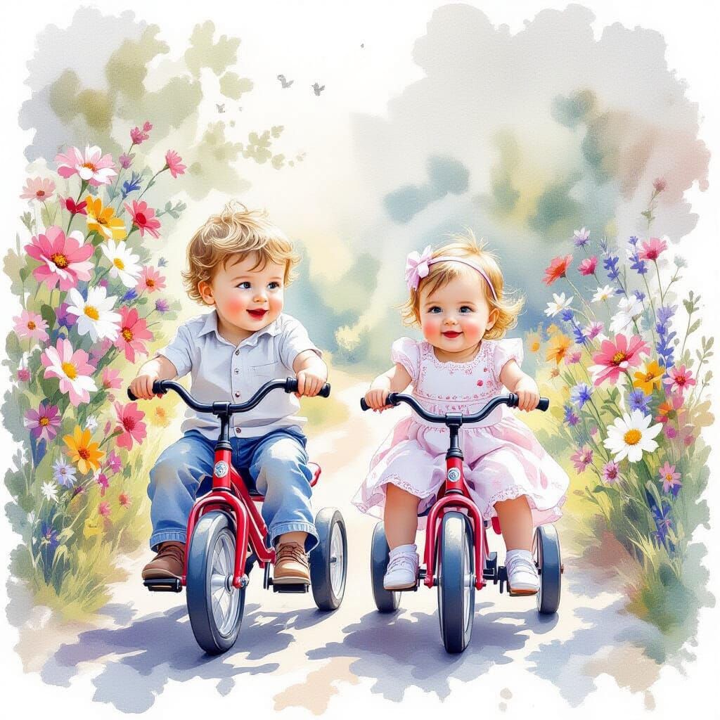 Watercolor Ink Macro of Siblings on Tricycles with Flowers