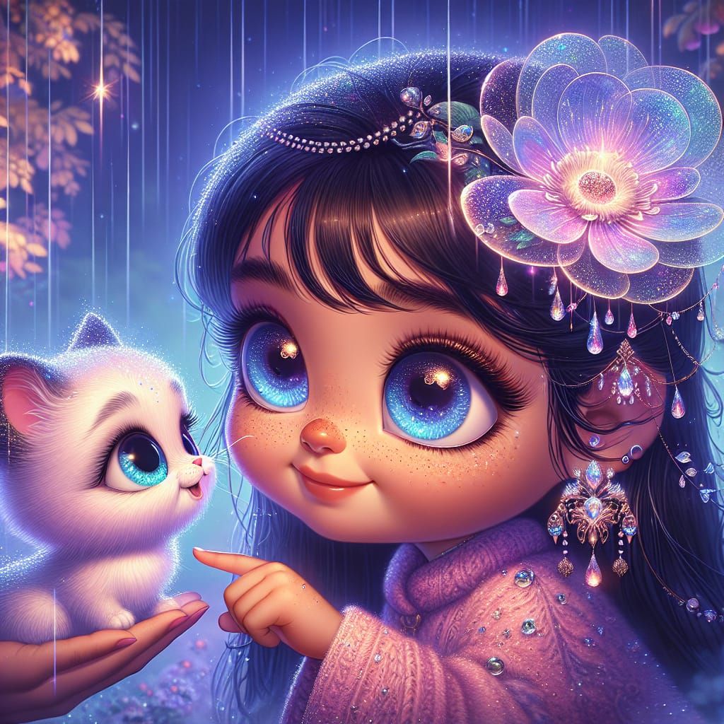 CGI Cartoon Girl and Kitten in Enchanted Garden