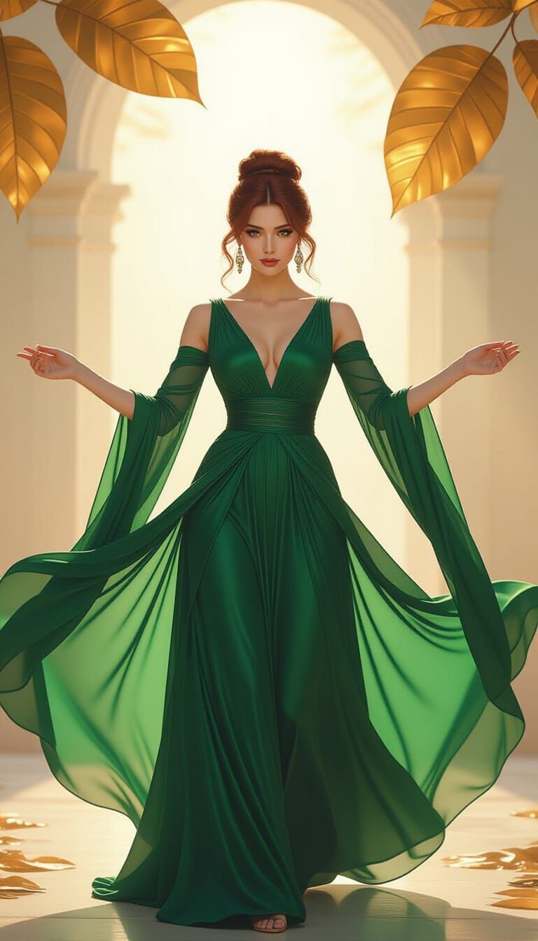 Mystical Woman in Emerald Gown Amidst Golden Leaves