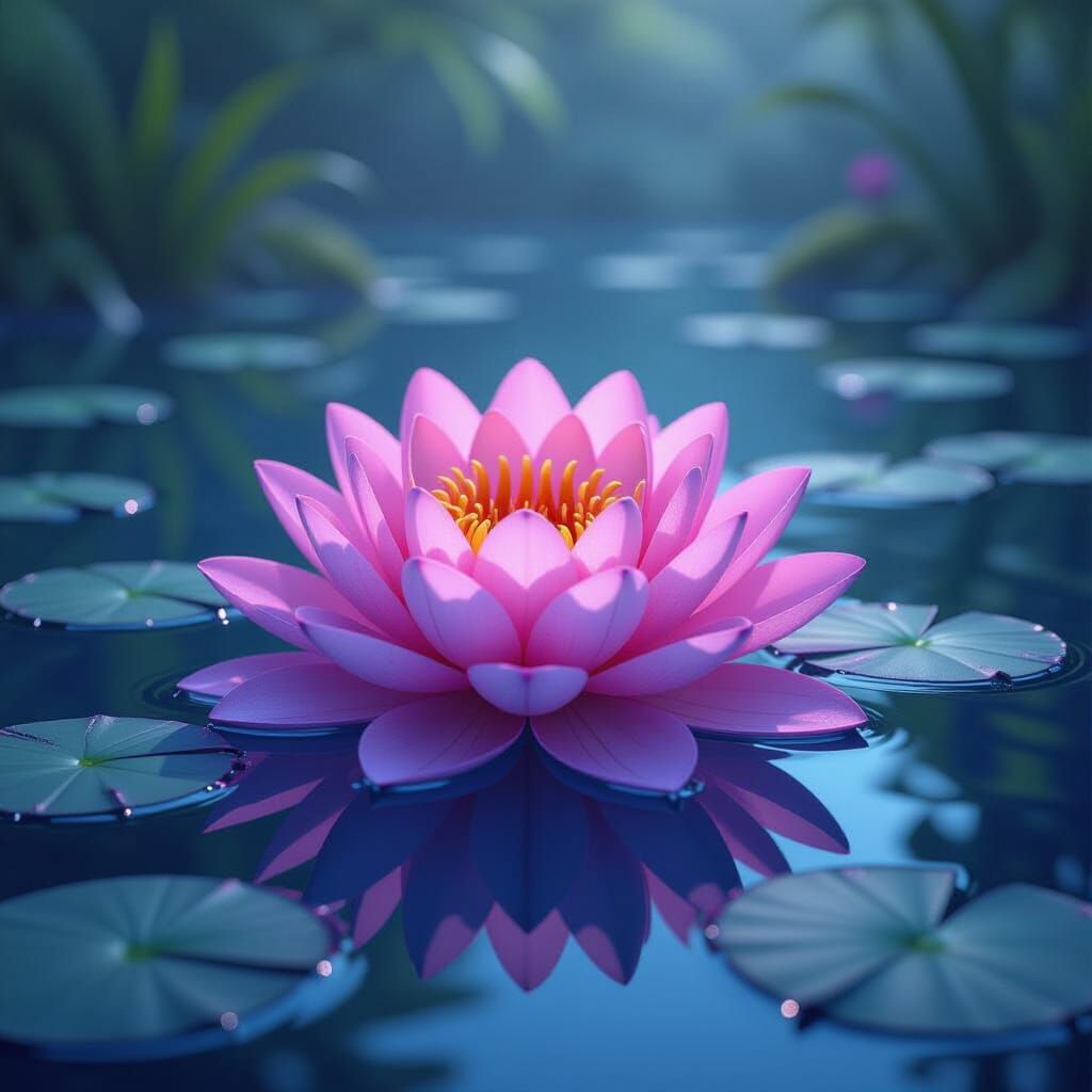 Pink and Blue Water Lily in Dark Fantasy Style