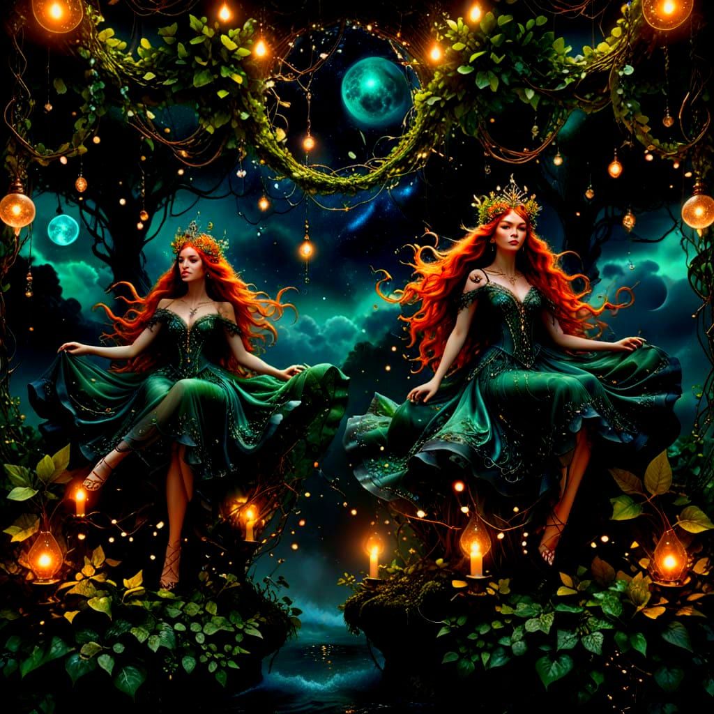 Enigmatic Figure Amidst Whirling Vines and Celestial Storms