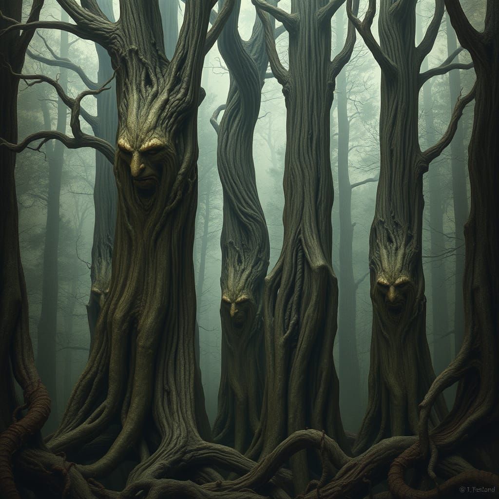 Mystical Forest with Ancient Trees in Eerie Style