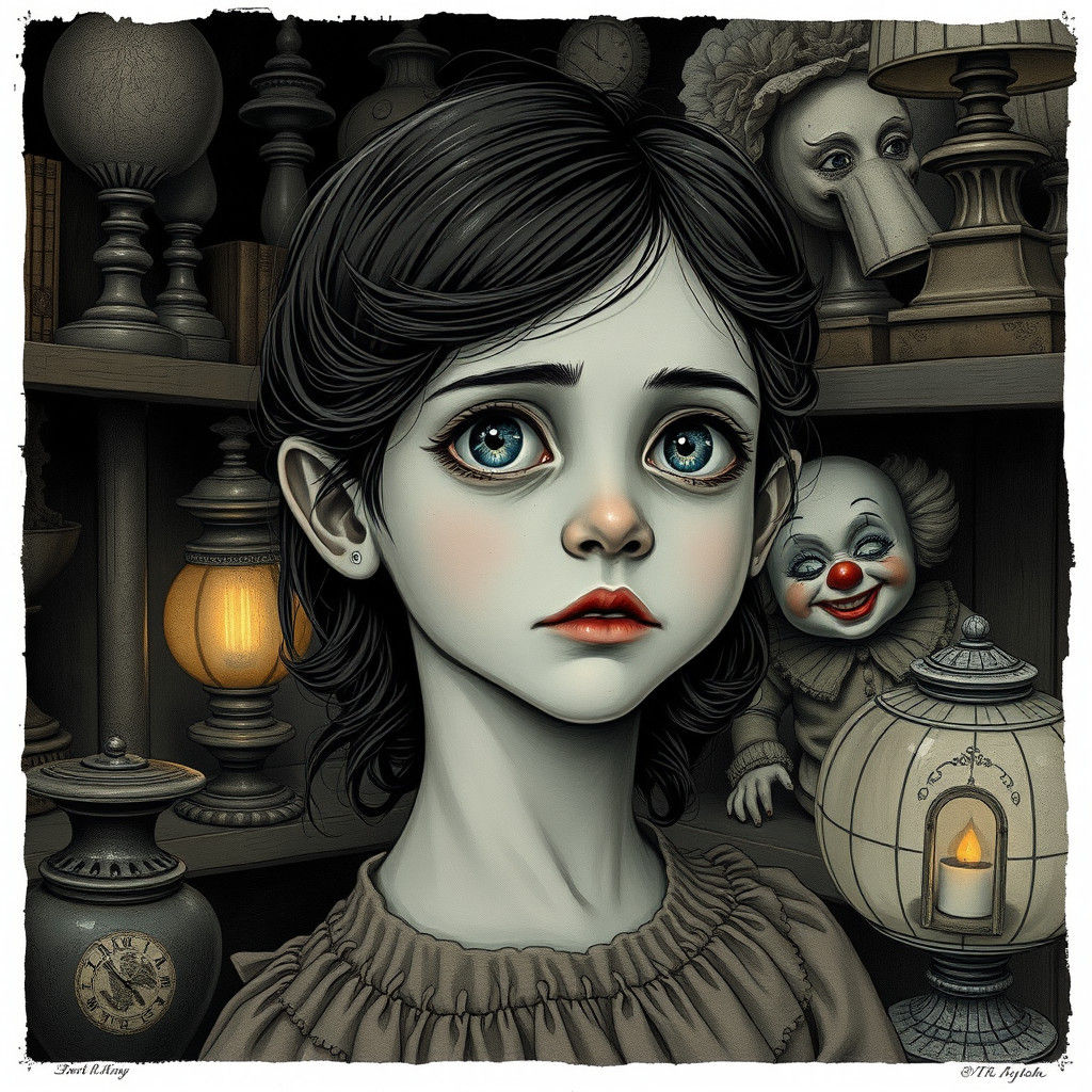 Sinister Clown Doll Haunts Girl in Fornasetti Style